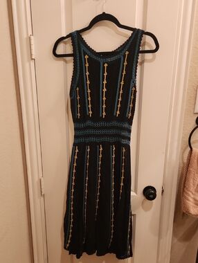 Black and Teal Sleeveless Knit/Crochet Dress with Mustard Yellow/Gold Accents